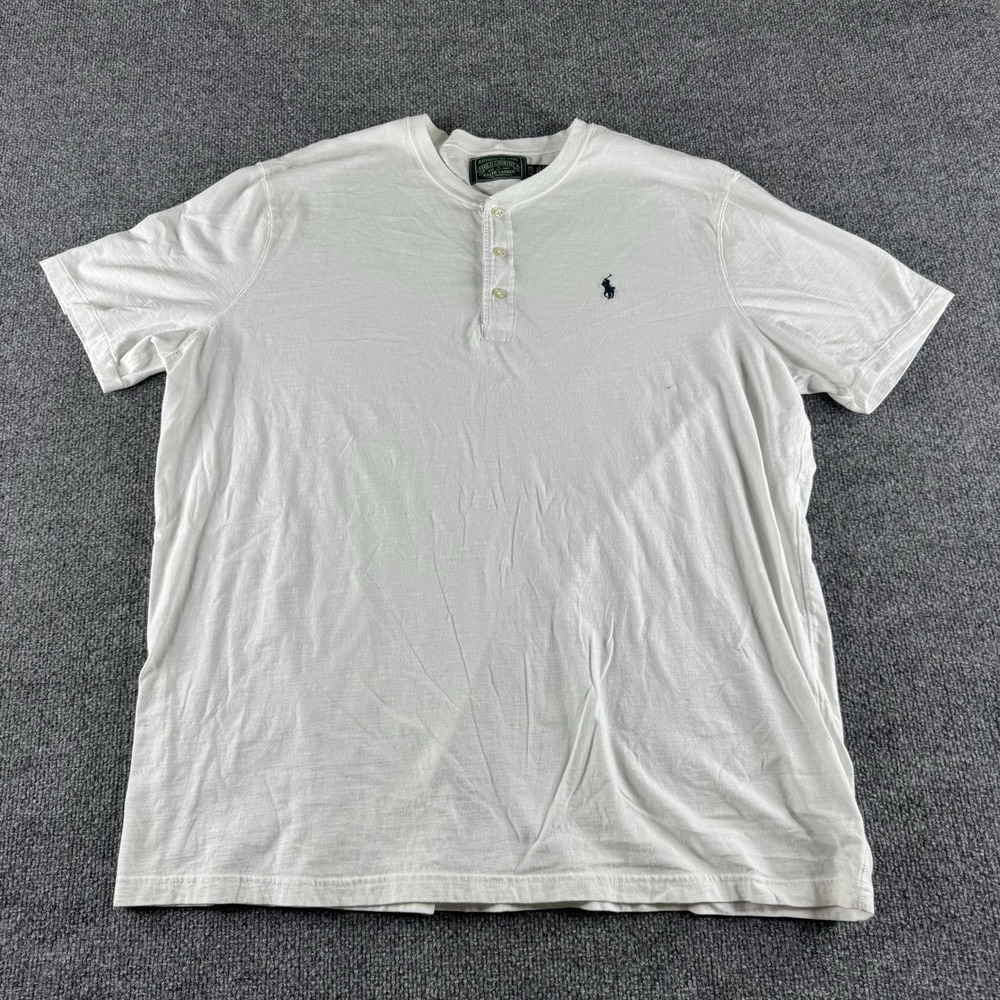 Polo Country Ralph Lauren Shirt Mens 2XL White Henley Pony Logo Tee Short Sleeve